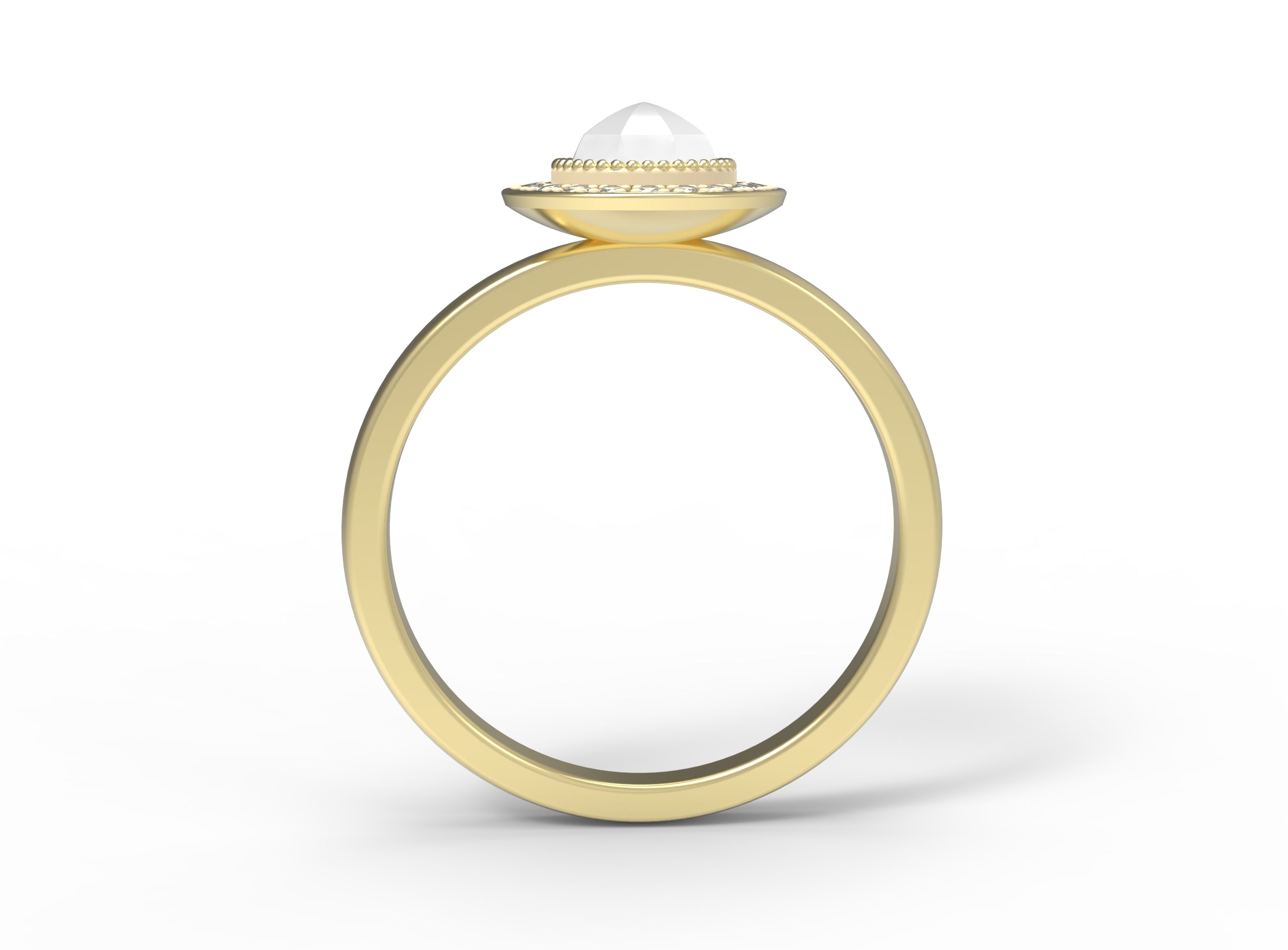 Close up of the Halo Aura Solitaire Engagement Ring in yellow gold by Fluid Jewellery 3