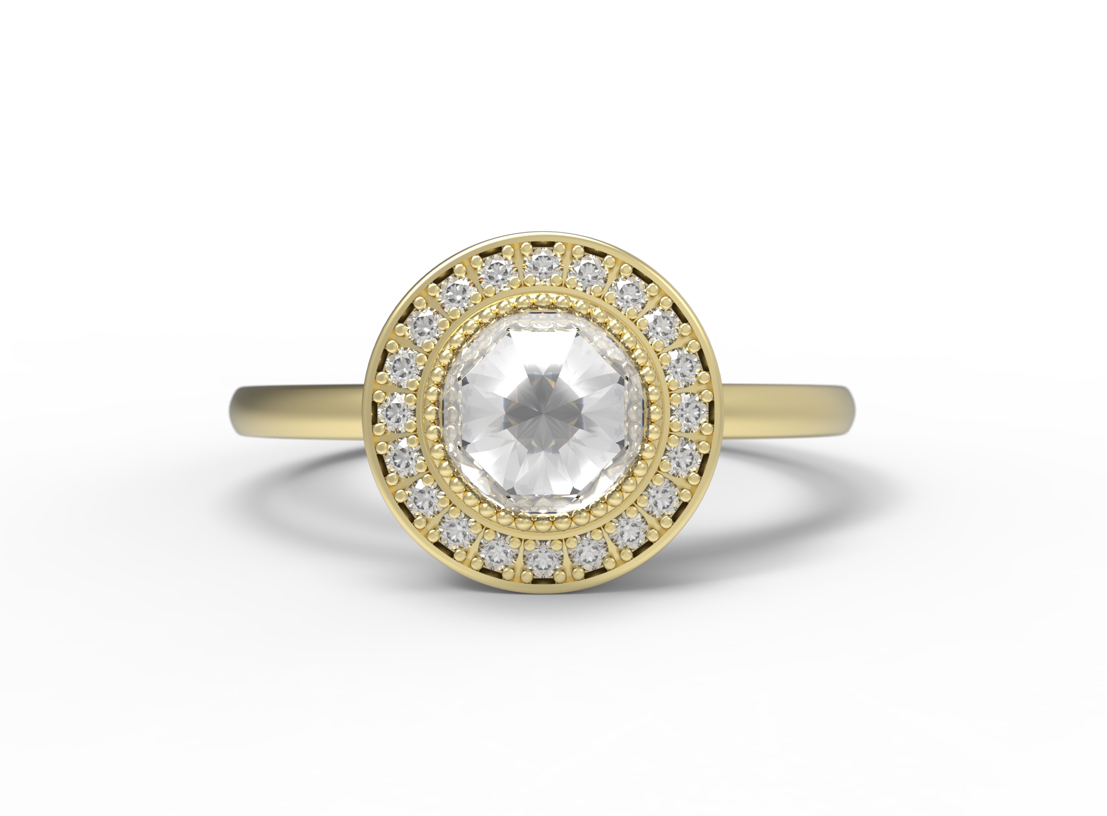 Close up of the Halo Aura Solitaire Engagement Ring in yellow gold by Fluid Jewellery