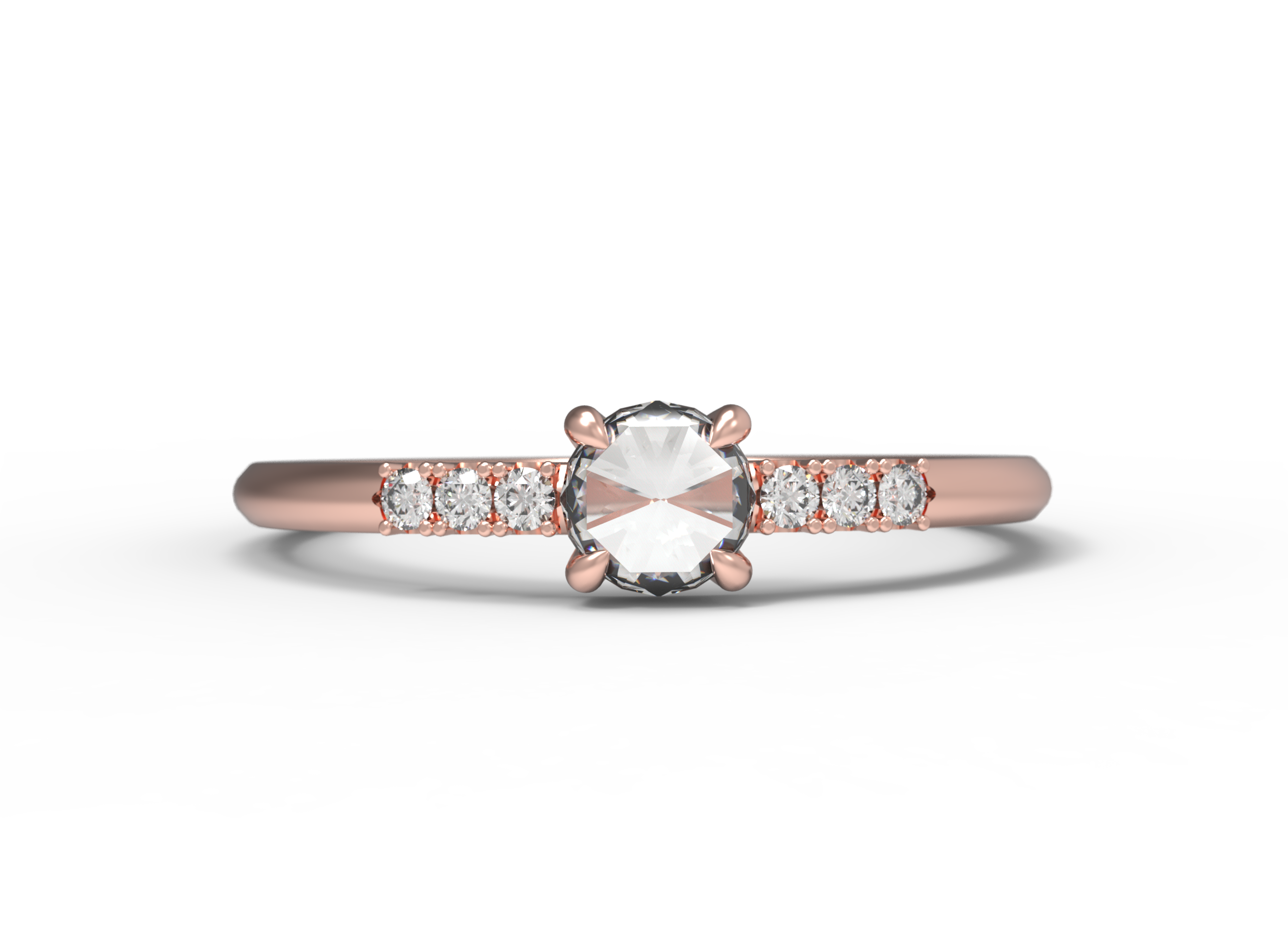 Close up of the Accented Bri Solitaire Engagement Ring in rose gold by Fluid Jewellery