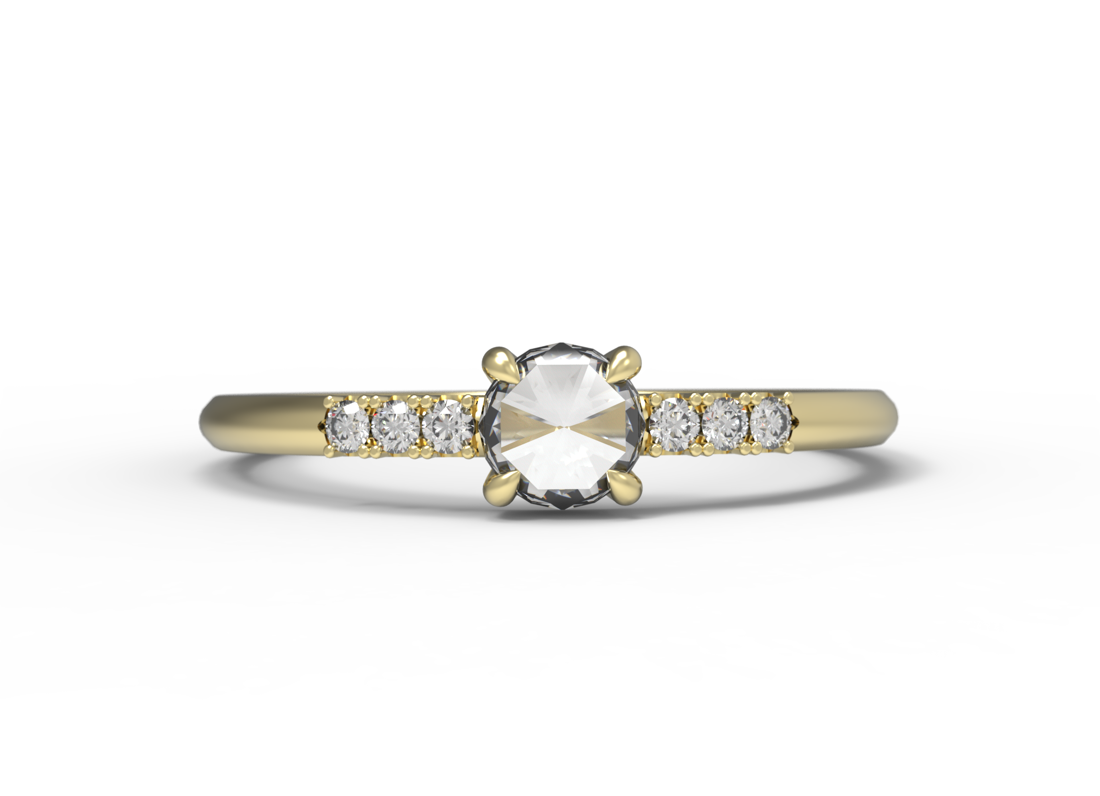 Close up of the Accented Bri Solitaire Engagement Ring in yellow gold by Fluid Jewellery