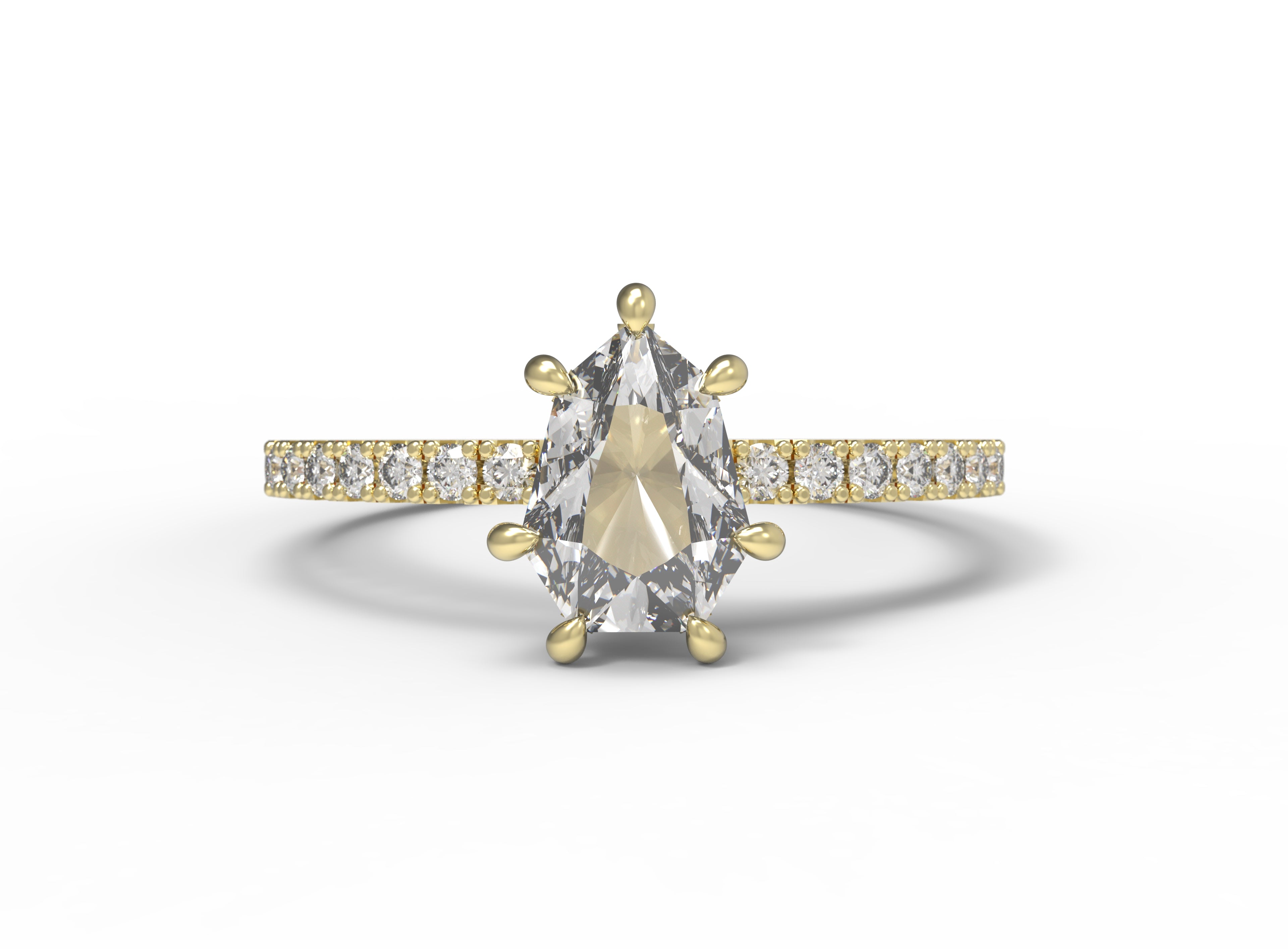 Close up of the Accented Daphne Solitaire Engagement Ring in yellow gold by Fluid Jewellery