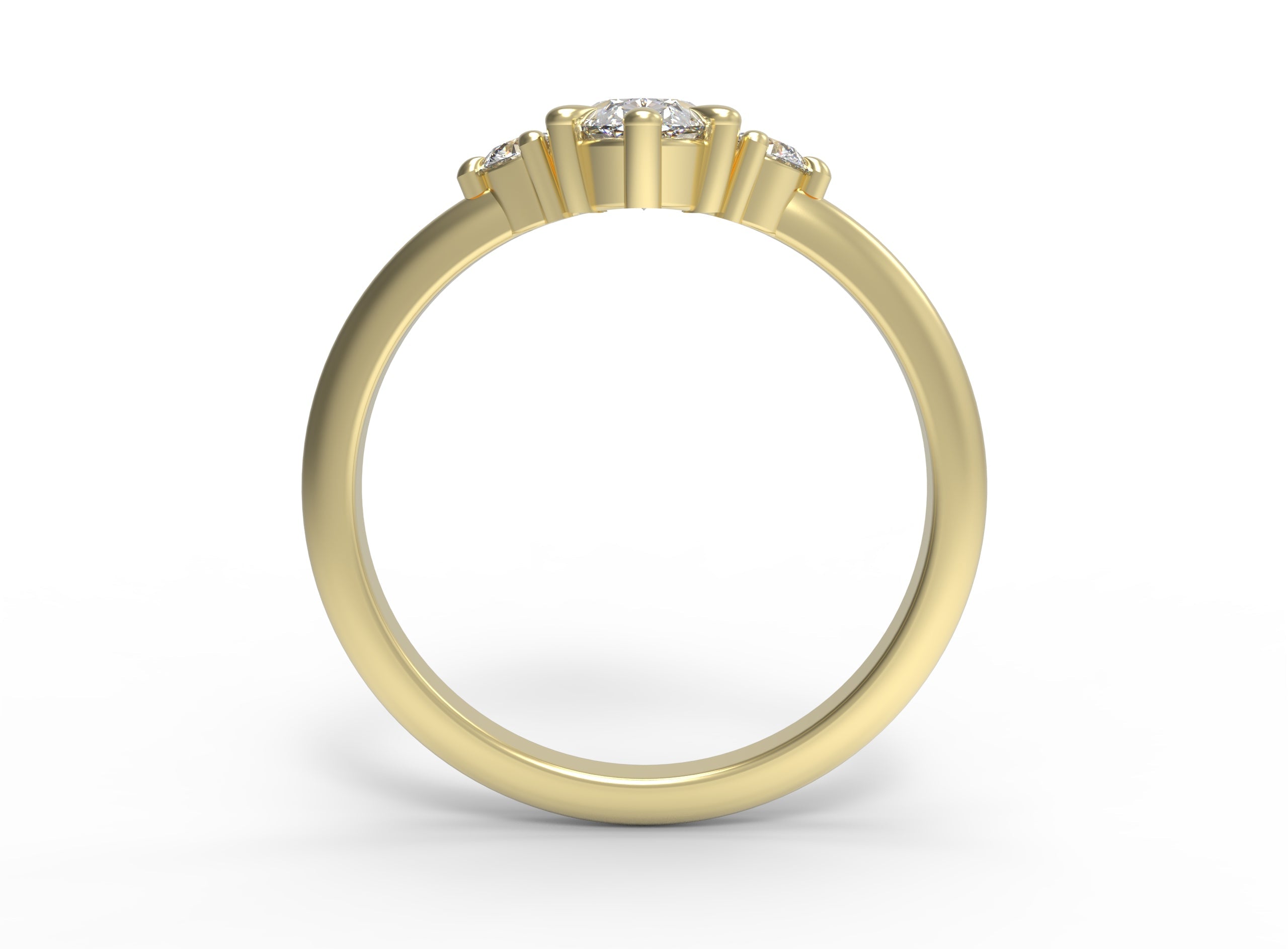 Close up of the Three Stone Rebecca Solitaire Engagement Ring in yellow gold by Fluid Jewellery3