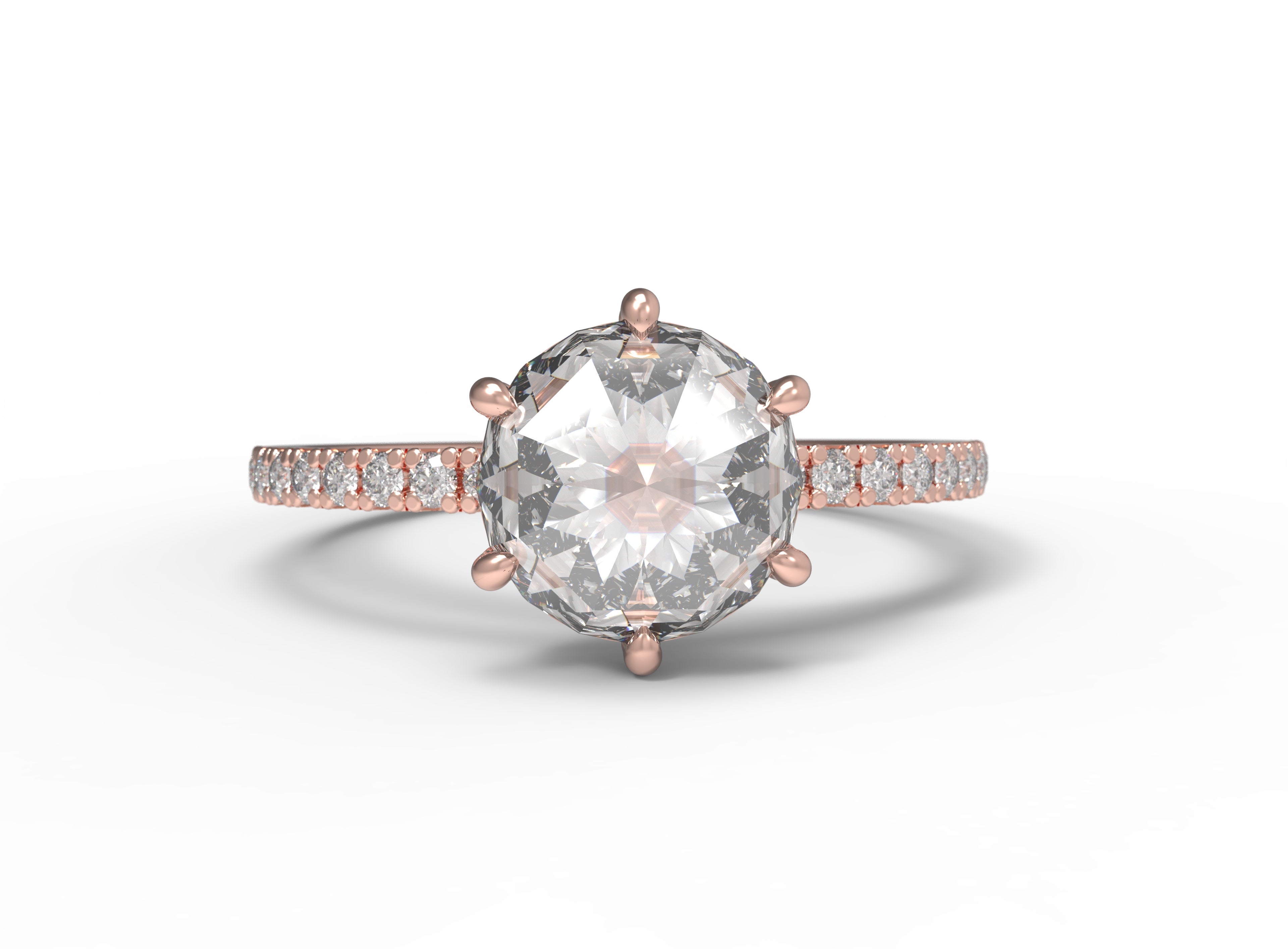 Close up of the Accented Zoe Solitaire Engagement Ring in rose gold by Fluid Jewellery