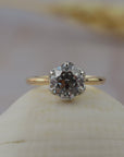Cala solitaire engagement ring a tulip style antique floral filigree-inspired platinum and gold setting featuring a round Old European diamond.