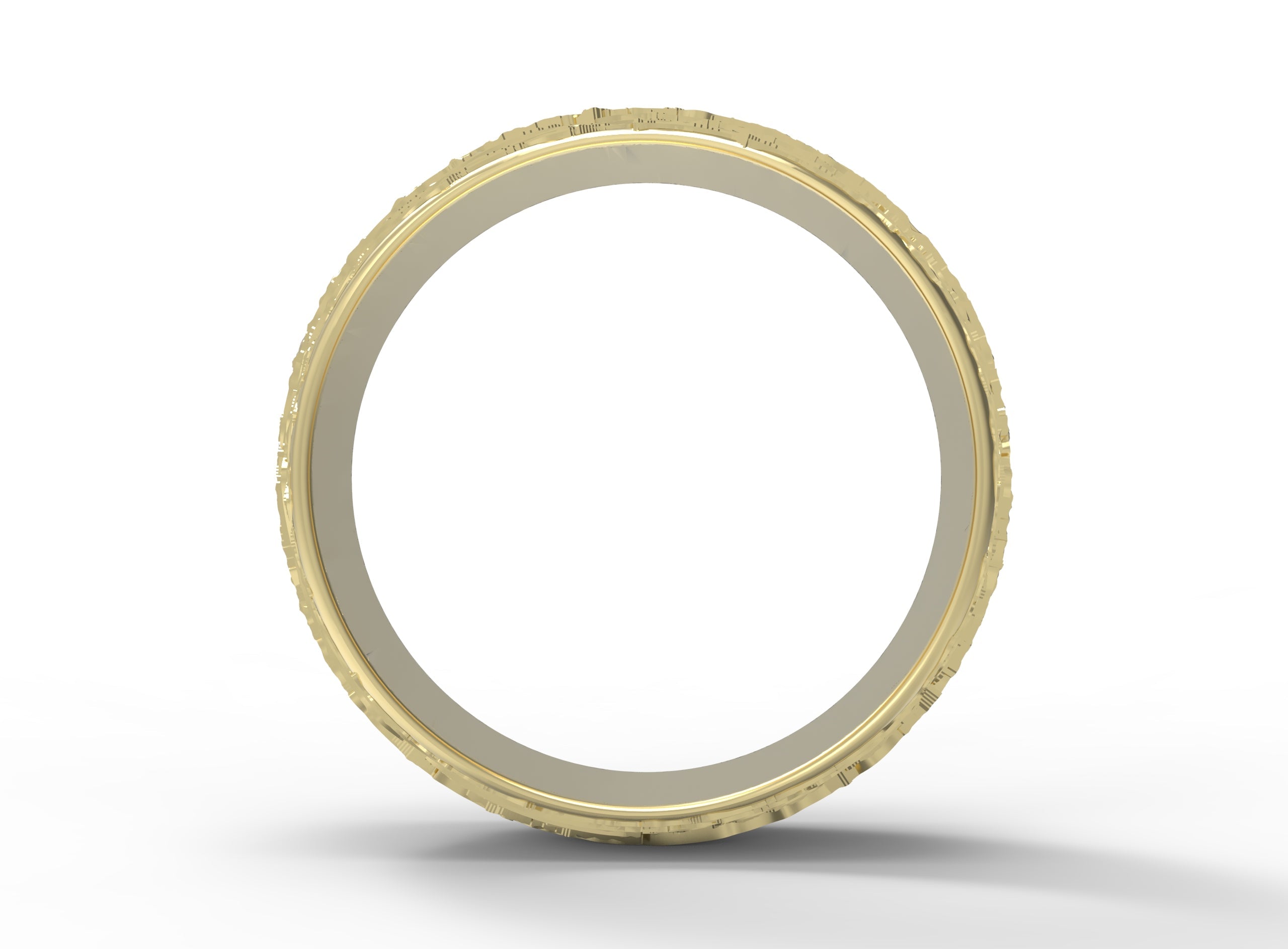 Close up of the mens Woodgrain wedding band in yellow gold 3