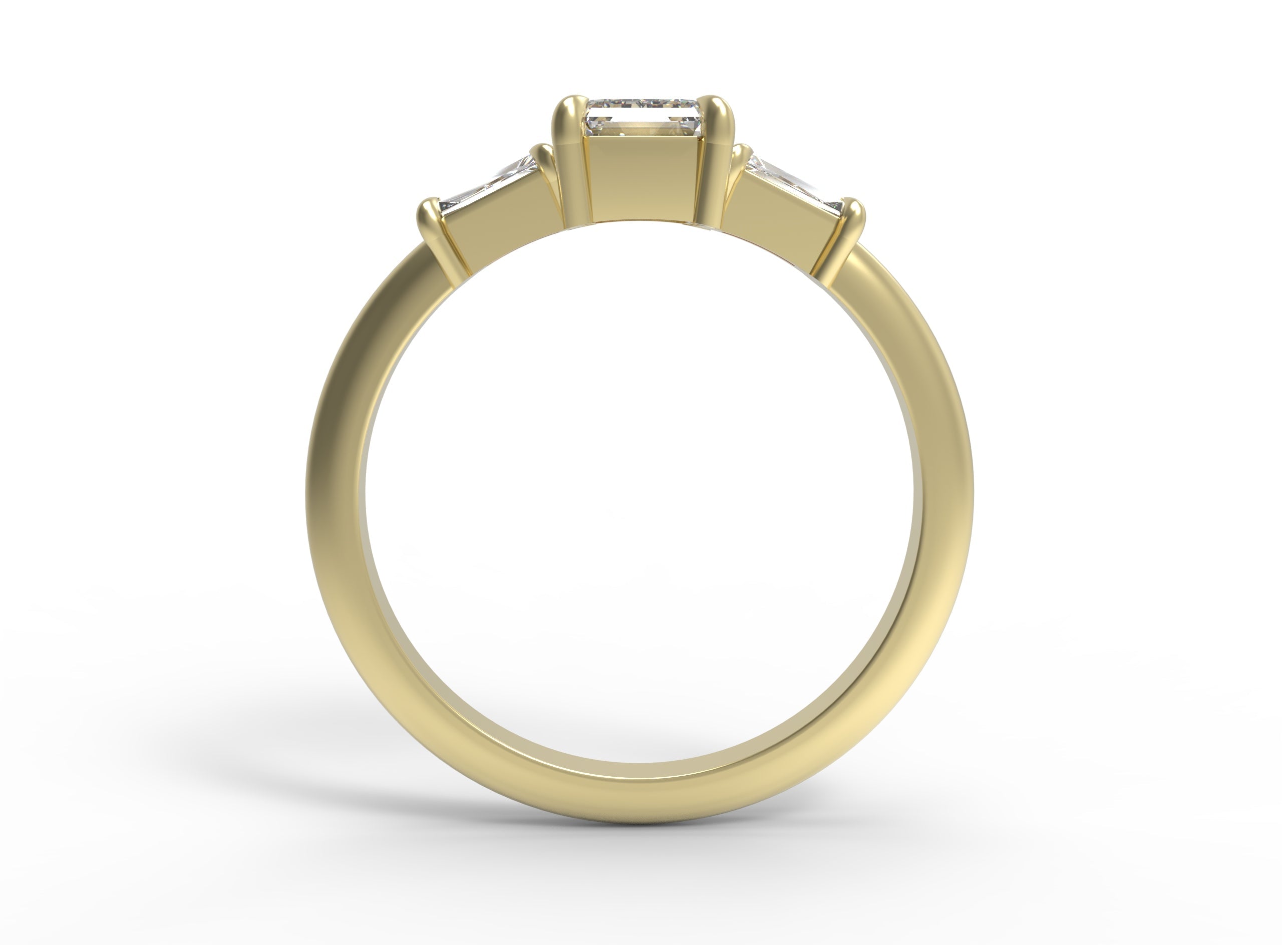 Close up of the Three Stone Adele Solitaire Engagement Ring in yellow gold by Fluid Jewellery 3