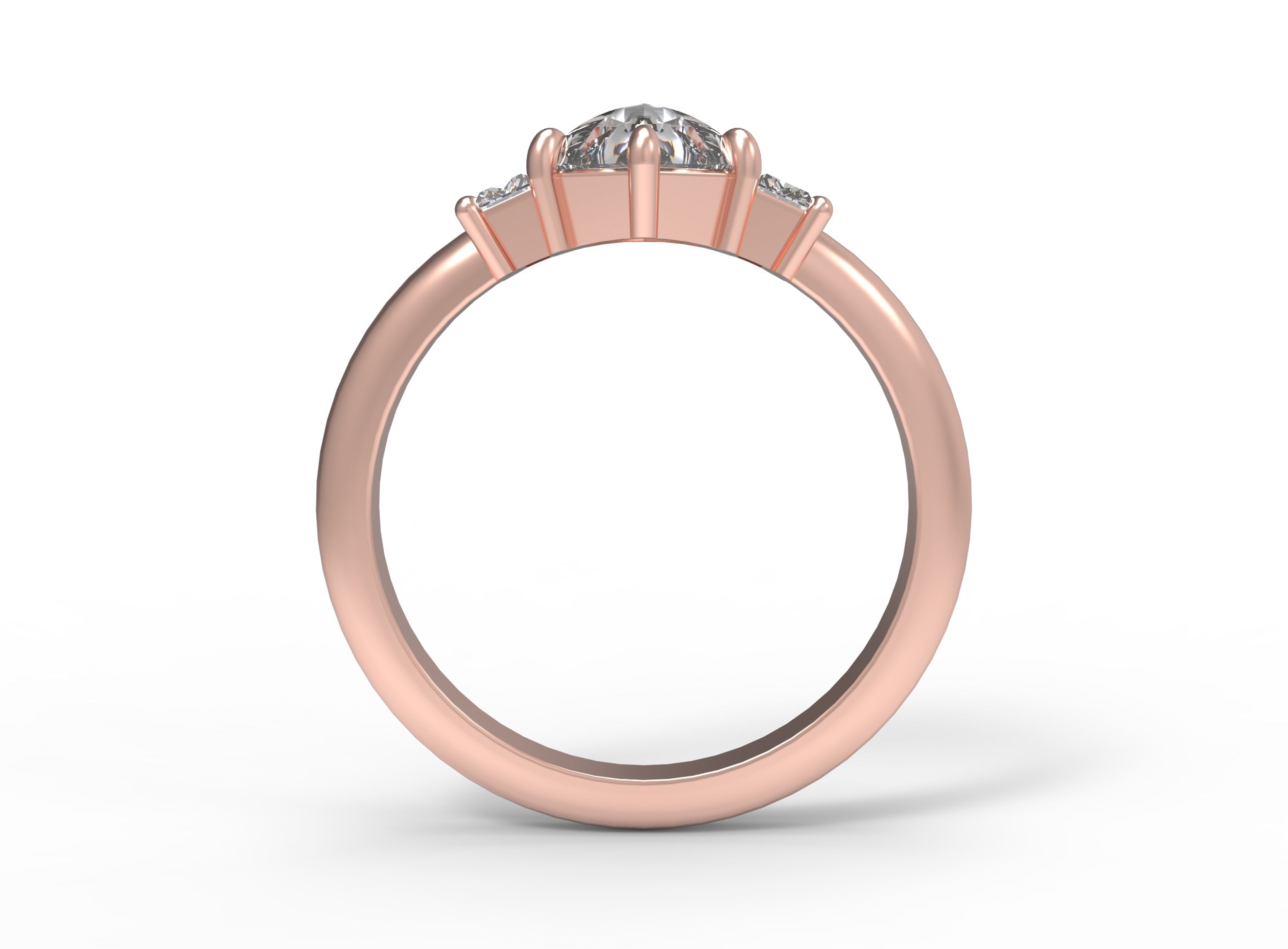 Close up of the Three Stone Alice Solitaire Engagement Ring in rose gold by Fluid Jewellery 3