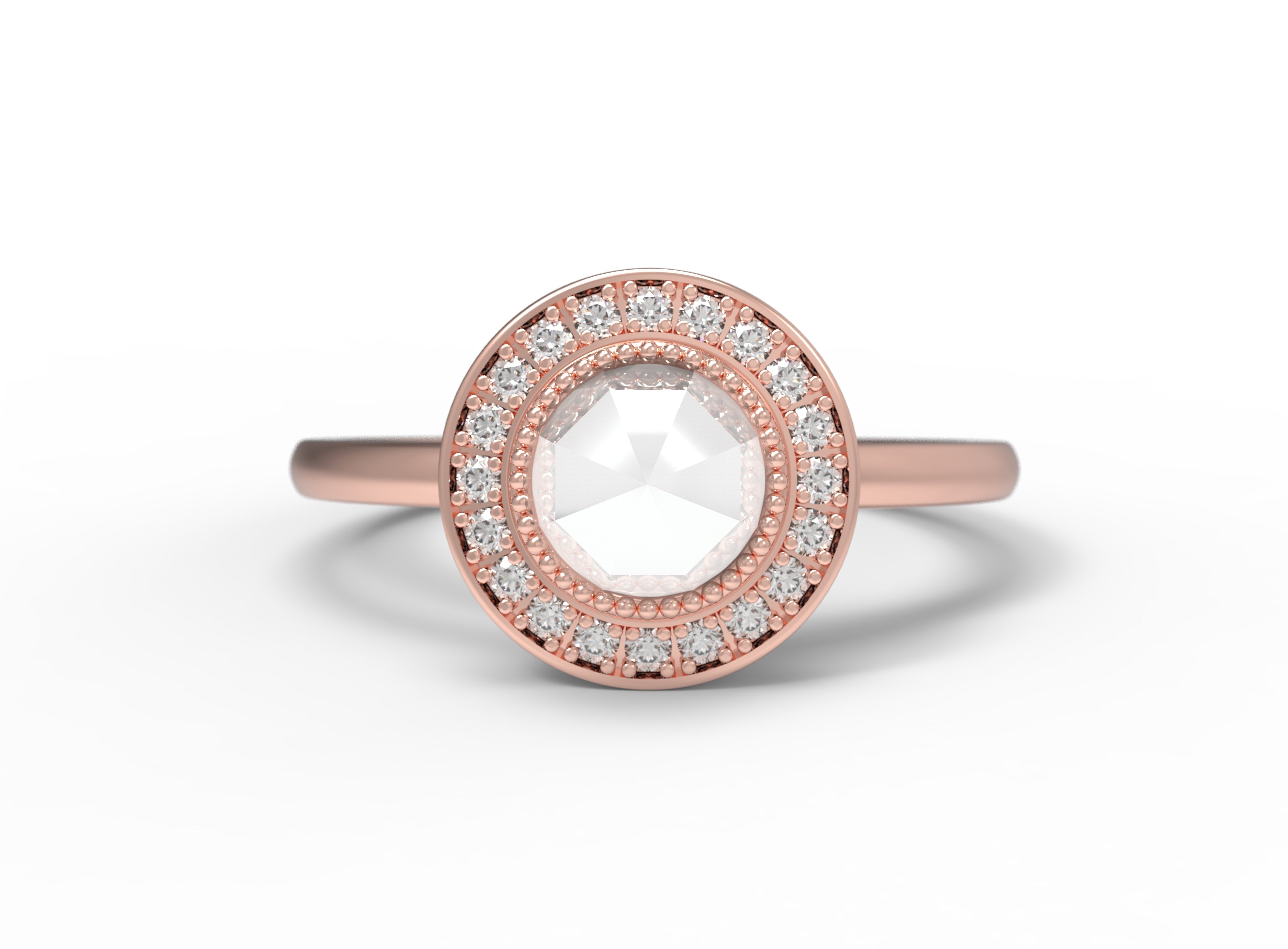 Close up of the Halo Aura Solitaire Engagement Ring in rose gold by Fluid Jewellery
