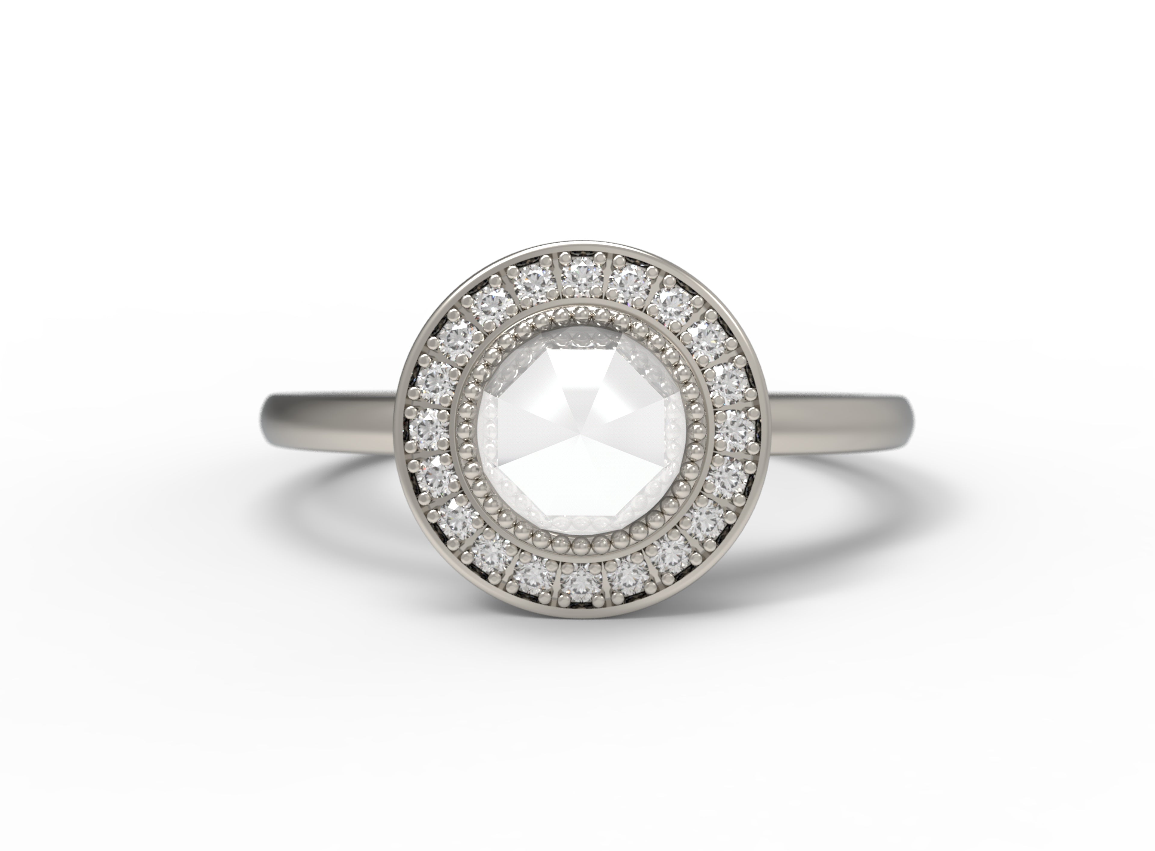 Close up of the Halo Aura Solitaire Engagement Ring in white gold by Fluid Jewellery