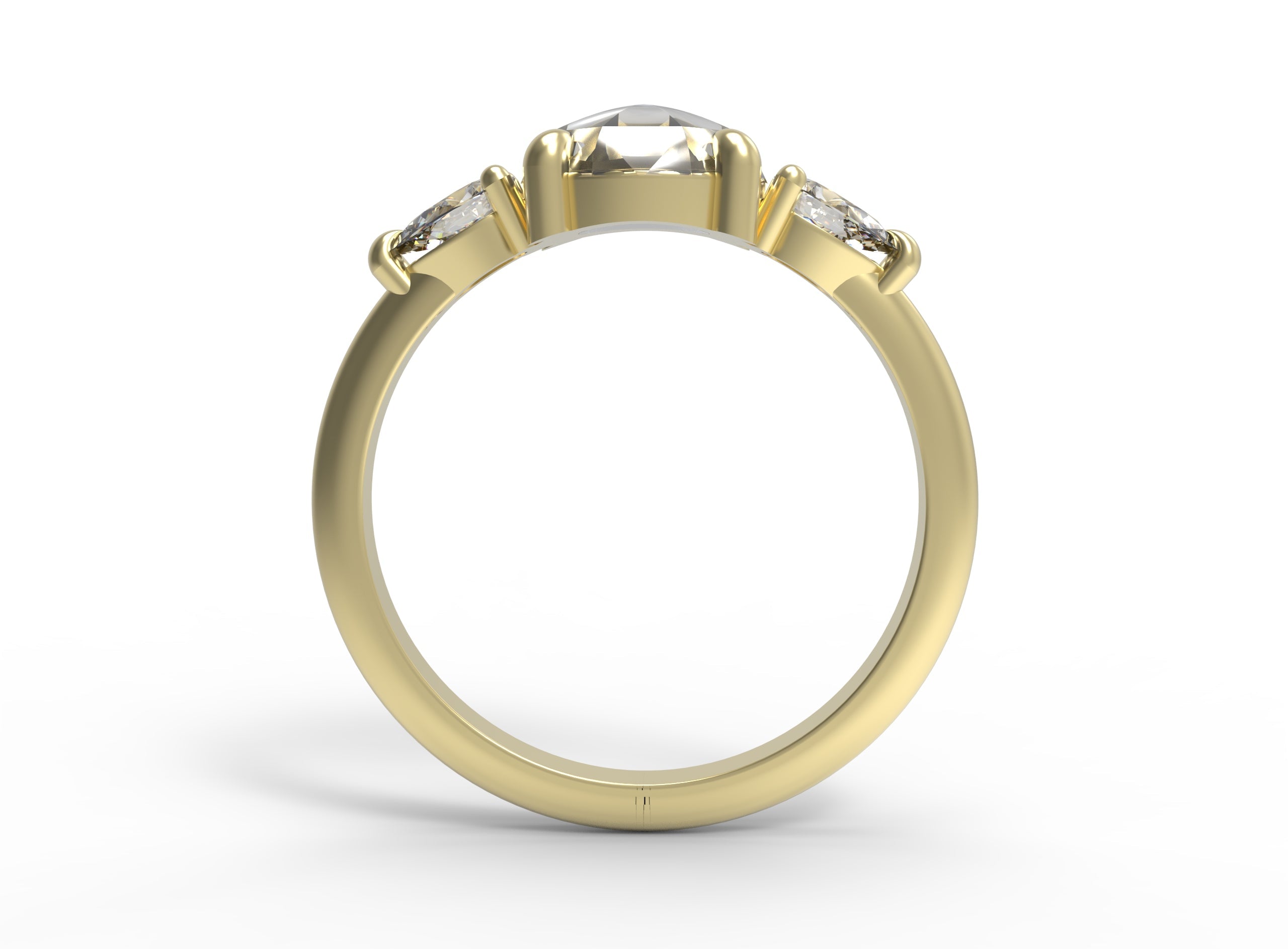 Close up of the Three Stone Sadie Engagement Ring in yellow gold by Fluid Jewellery 3