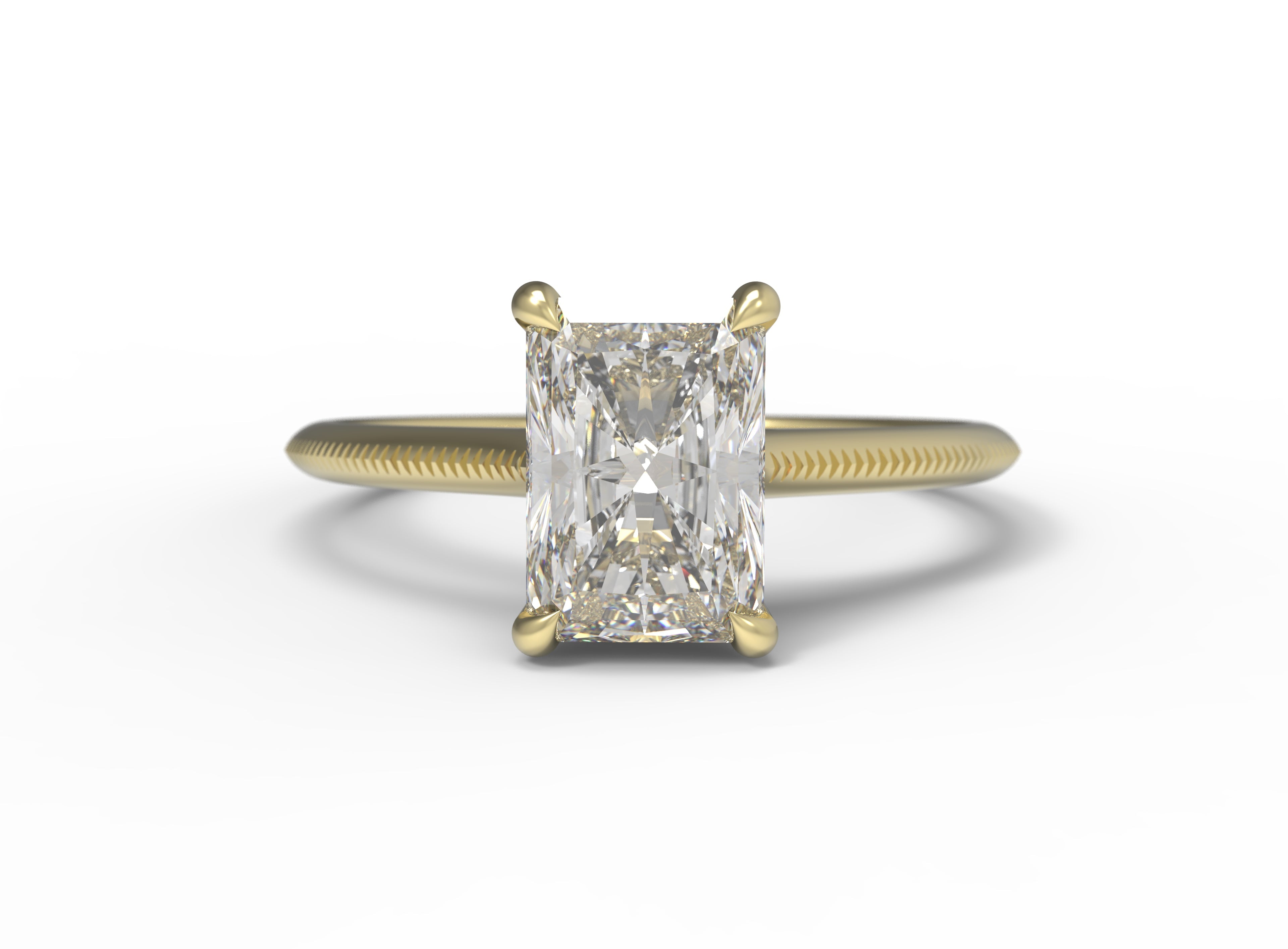 Close up of the Cathedral Sage Solitaire Engagement Ring in yellow gold by Fluid Jewellery