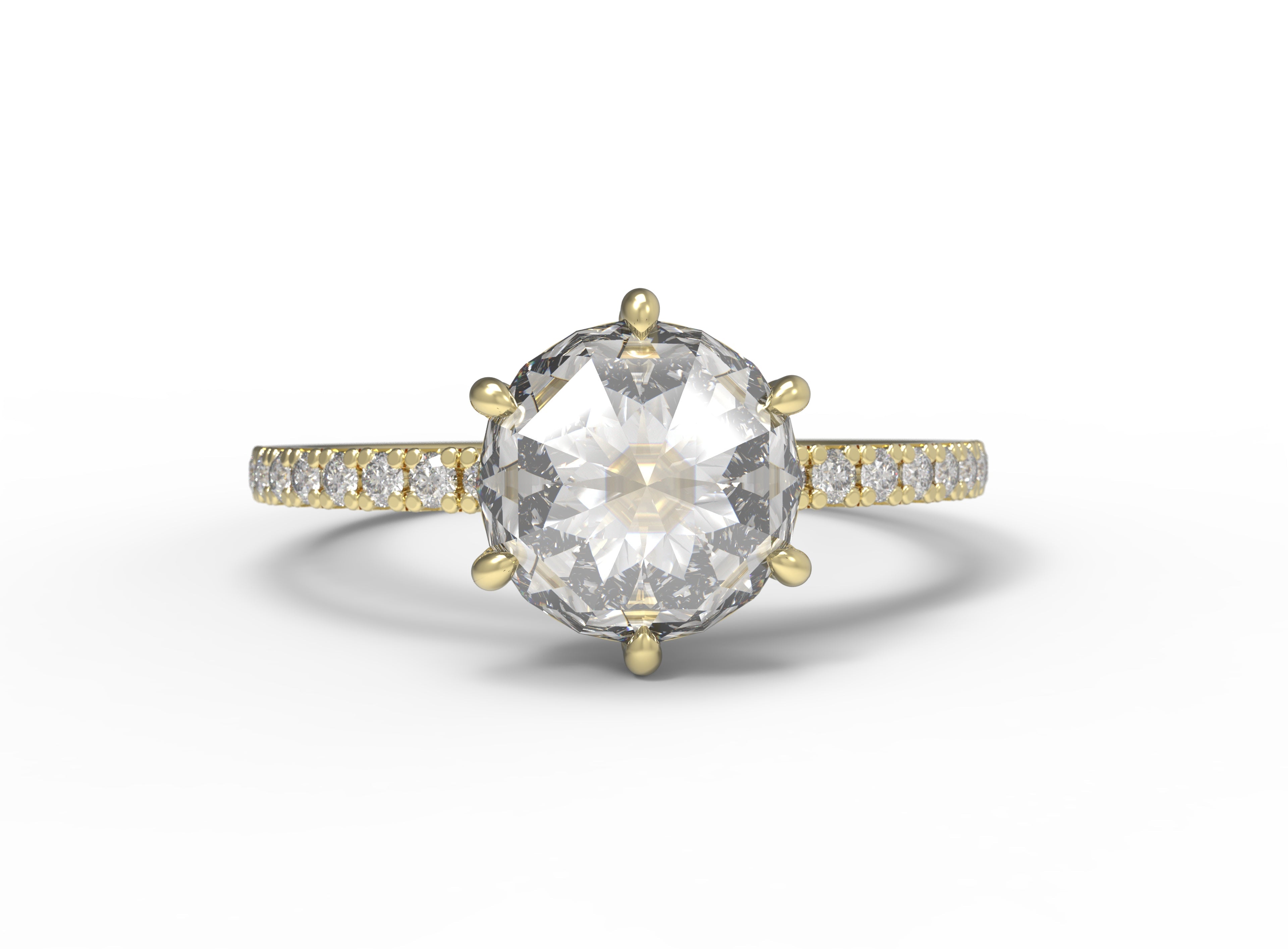 Close up of the Accented Zoe Solitaire Engagement Ring in yellow gold by Fluid Jewellery