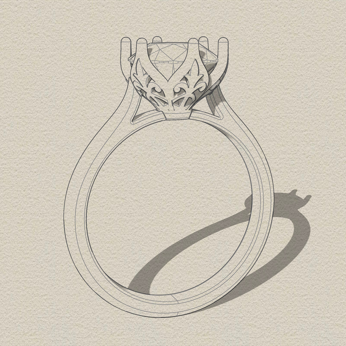 Design sketch of the Cala solitaire showing the tulip-style setting and antique floral inspired side details.