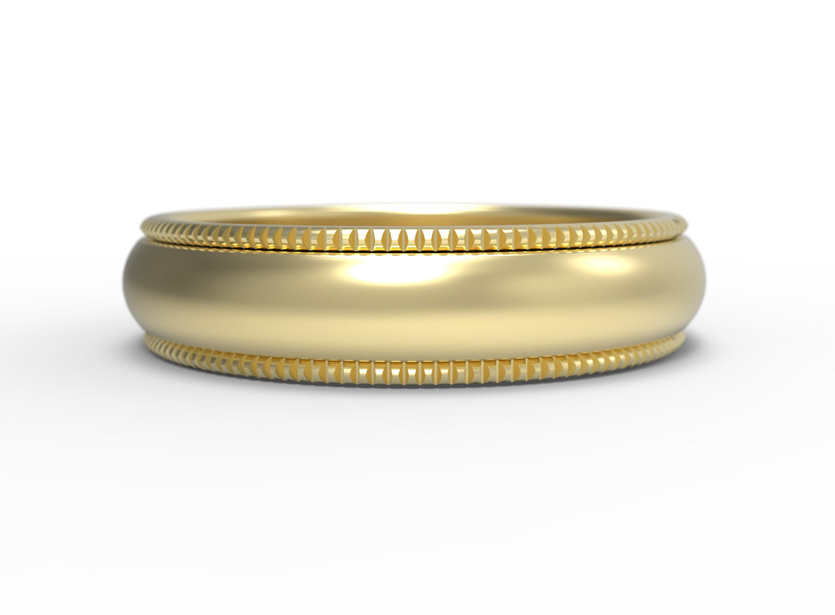 Close up of the mens Milgrain wedding band in yellow gold