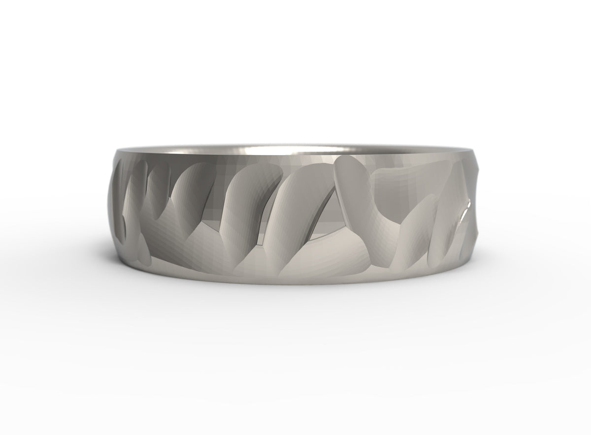 Close up of the mens Wave wedding band in white gold
