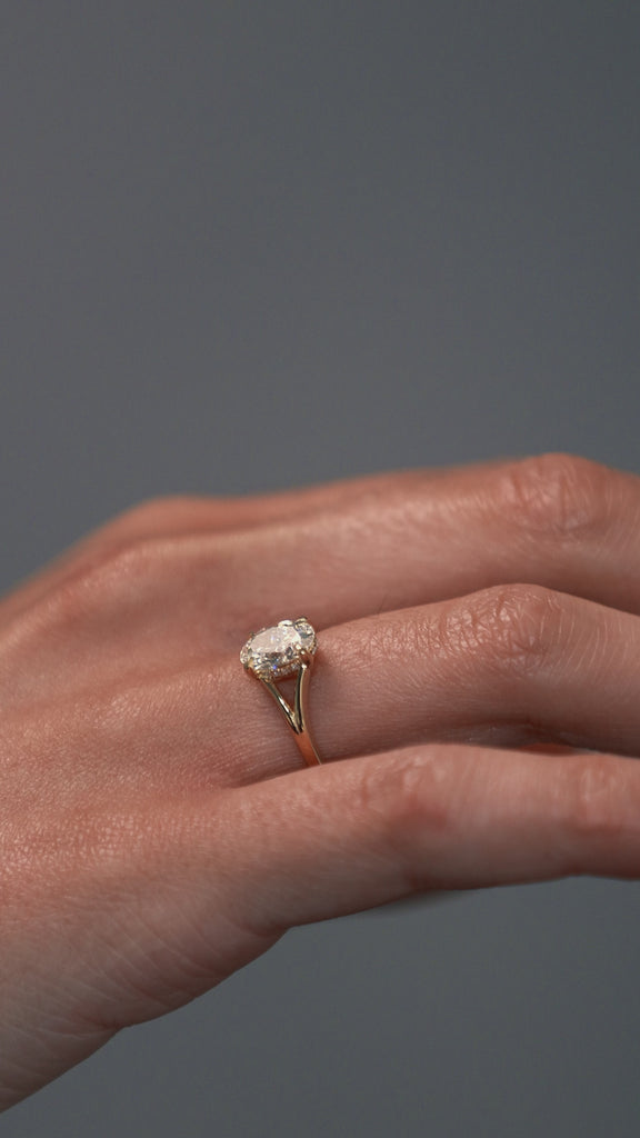 Close-up video of the Love Knot split shank diamond solitaire engagement ring with hidden halo worn on a woman's hand.