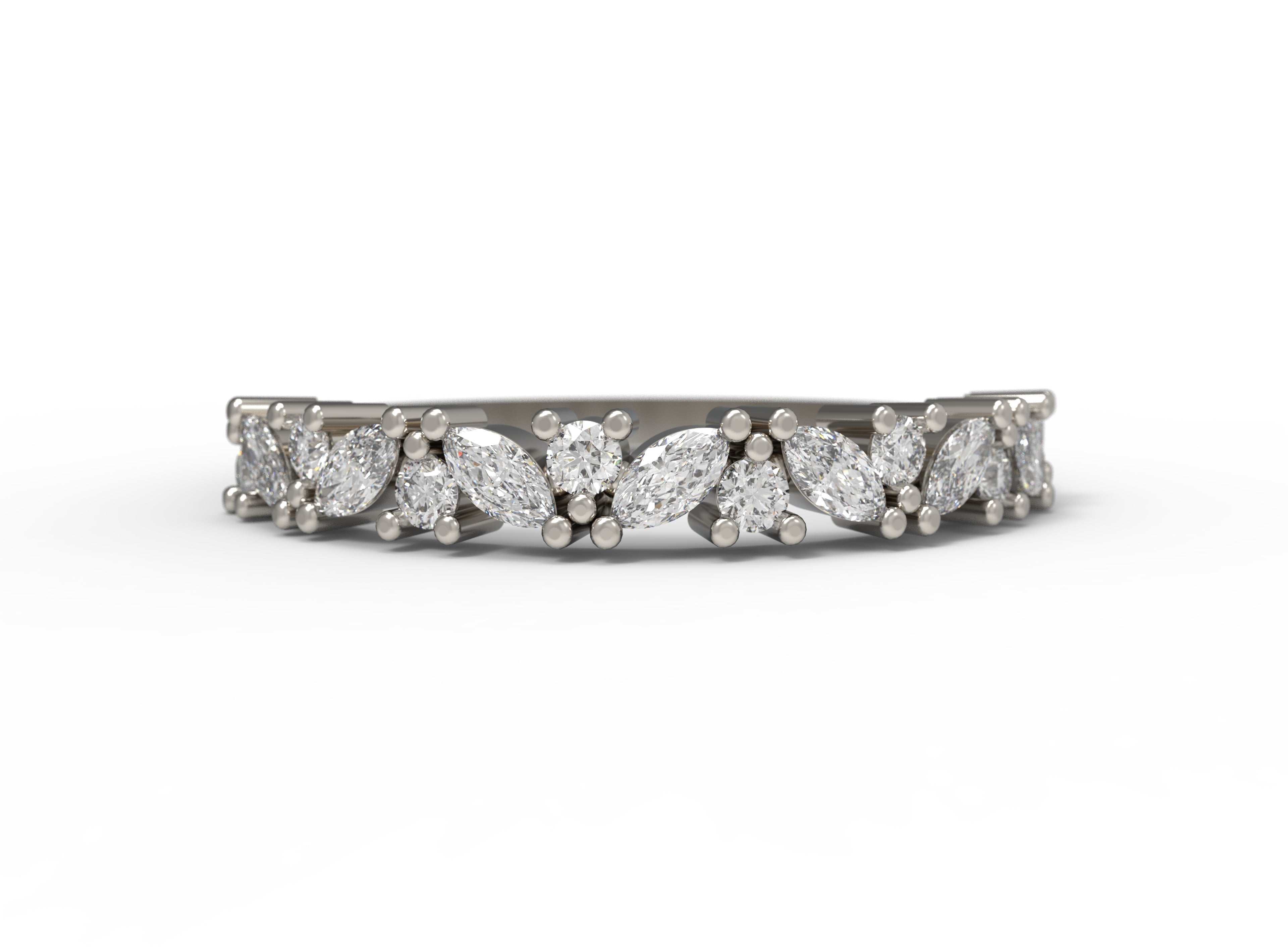 Close up of the cluster Marissa womens wedding band by Fluid Jewellery in white gold